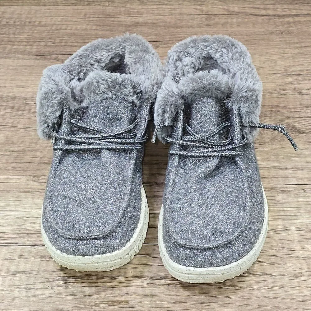 Hey Dude Britt Youth Women's Size 7 Gray Faux Fur Lace Up Comfort Shoes Boots
